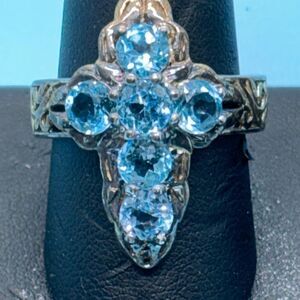 925 Sterling Silver 6 stone Genuine Blue Topaz Cross Ring Sz 9